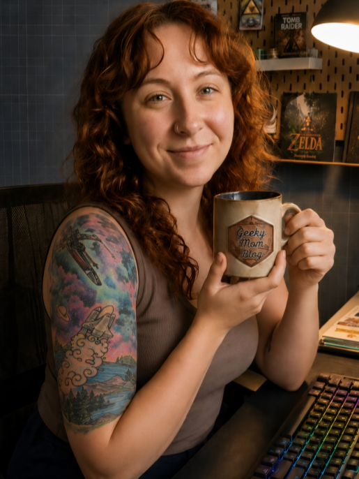Image of Alex showing off sleeve tattoo with a coffee mug
