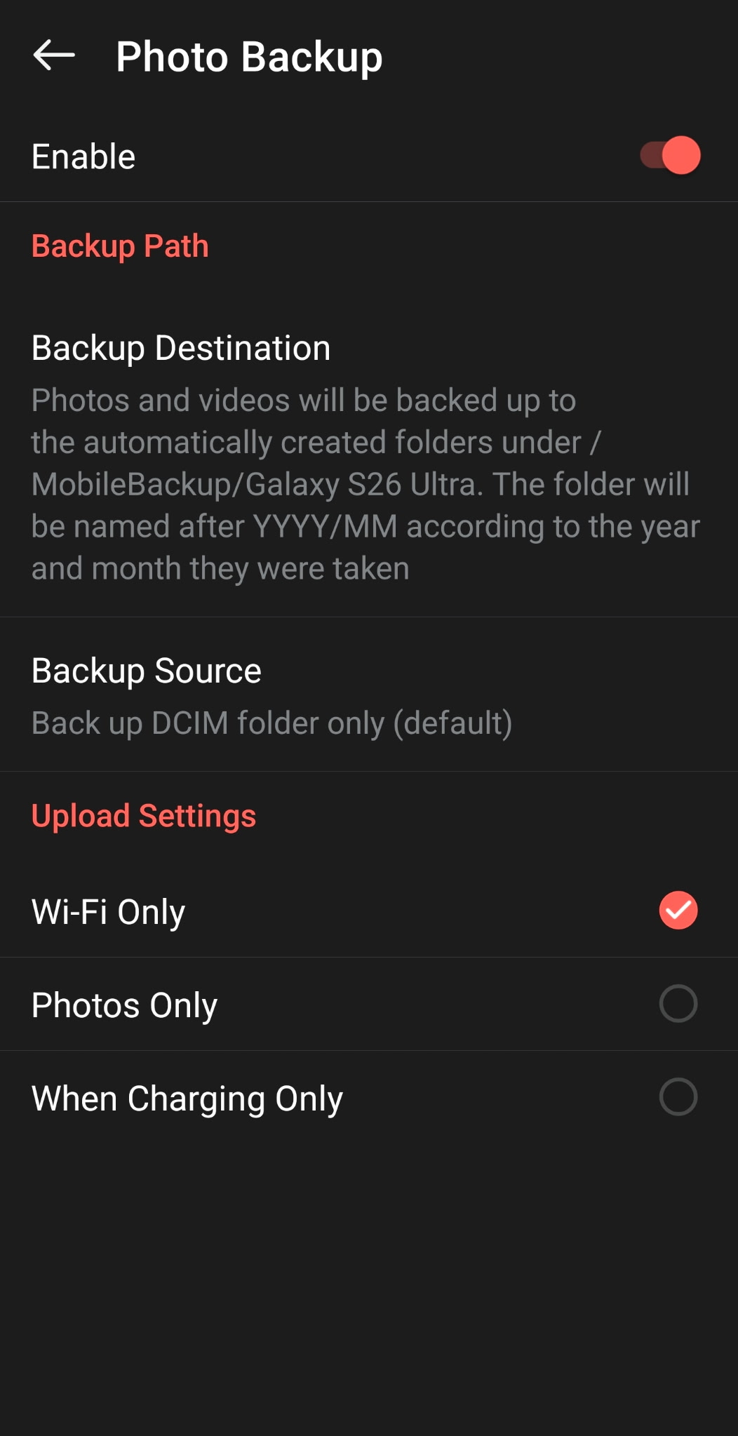 Screenshot of the Synology Photos mobile app showing backup settings enabled