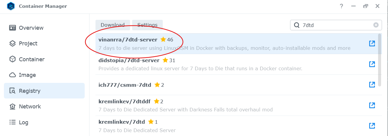 Selecting the vinanrra/7dtd-server image in the Synology Container Manager registry
