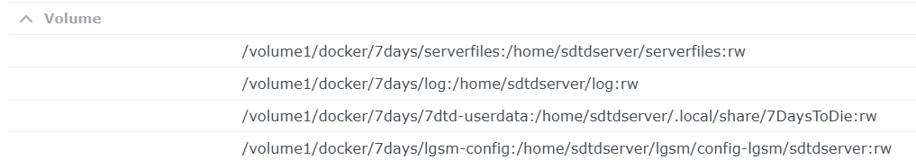 Screenshot showing the correct volume mapping paths for the 7 Days to Die Docker container