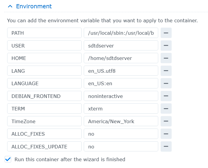 Screenshot of the Environment Variables tab in Synology Container Manager
