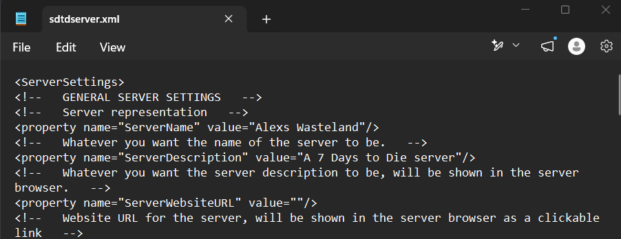 Screenshot of the server configuration XML file open in a text editor