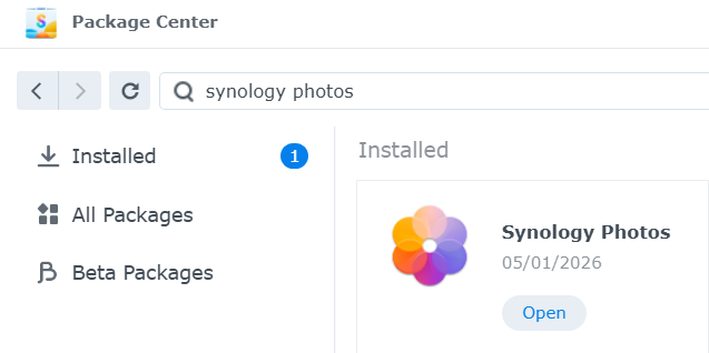 Finding the Synology Photos app in the Synology Package Center