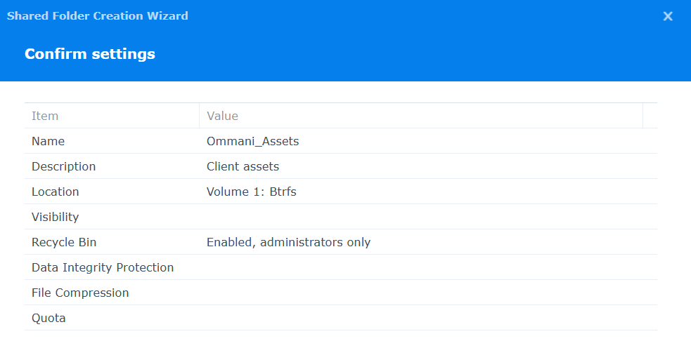 Confirming the creation of a new Shared Folder named Ommani_Assets