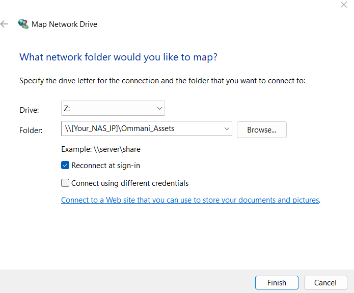 Mapping the NAS shared folder to a network drive in Windows